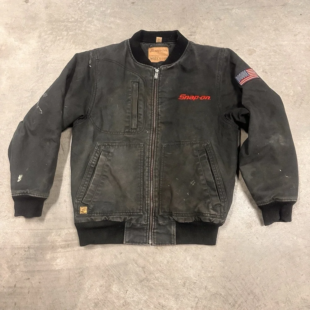 Snap-On Tools Jacket Mens Medium Black Canvas Full Zip Workwear Quilted Lined